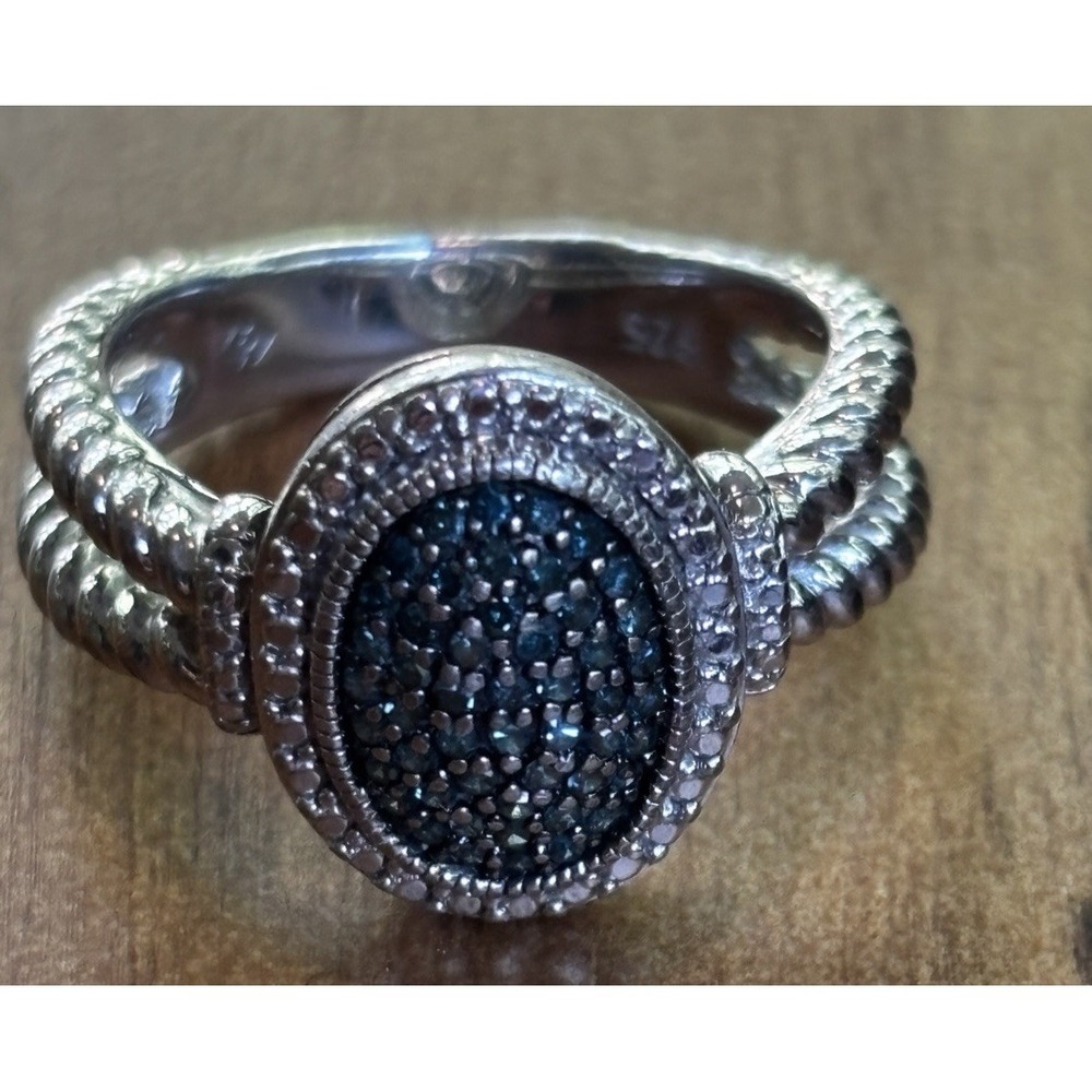 Sterling Silver Pavé Blue Diamond Split Shank Ring Sz 6.75